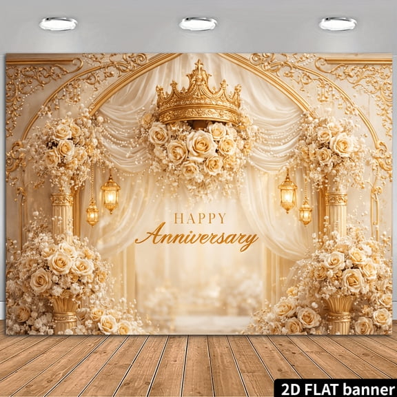 Happy Anniversary Backdrop Gold Royal Column White Pearl Curtain Wedding Background Golden Crown Champagne Rose Bridal Shower Anniversary Party Decorations Banner Photo Booth Props
