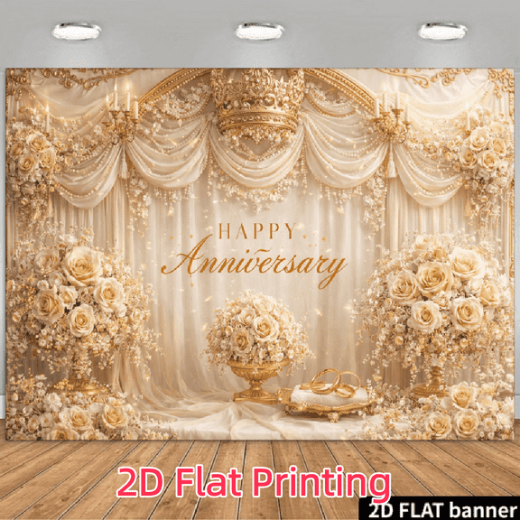 Happy Anniversary Backdrop Luxurious Gold Palace Crown Cheers to Wedding Background Champagne Rose Curtains Marriage Memorial Party Decorations Banner Photo Booth Props