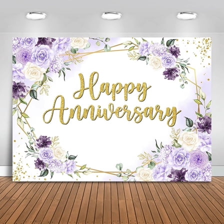 Happy Anniversary Backdrop Purple and White Flowers Anniversary Photography Background Wedding Engagement Bridal Shower Party Decorations Banner Photo Booth Props