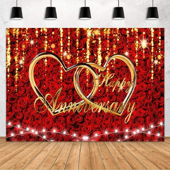 Happy Anniversary Backdrop Wedding Anniversary Party Decorations Red Rose Florals Gold Heart Banner Supplies Photography Background Studio Photo Booth Props Vinyl 7x5ft