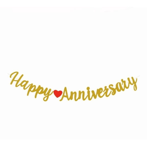 Happy Anniversary Banner, BGold Script Lettering with Red Heart, Party Decoration