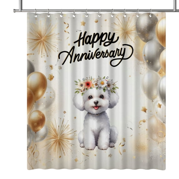 Happy Anniversary Bichon Frise Celebrates Wedding Love Family Party Shower Curtain Bichons Dog Lovers Gifts Idea Waterproof Bathroom Bathtub Curtain - 01015
