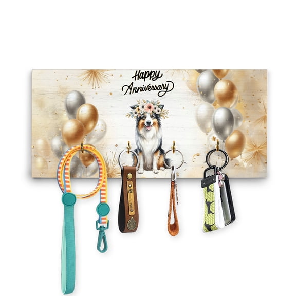 Happy Anniversary Border Collie Celebrates Wedding Love Family Party Wood Key Holder Borders Dog Lovers Gifts Idea Wall-mounted Key Rack Home Decor - 01015