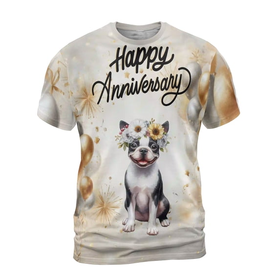 Happy Anniversary Boston Terrier Celebrates Wedding Love Family Party All Over Print 3D Shirt Unisex Merch Gentleman Dog Lover Gifts - 01015