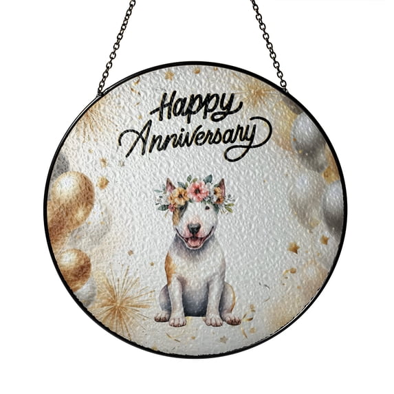 Happy Anniversary Bull Terrier Celebrates Wedding Love Family Party Stained Glass Suncatcher Bully Dog Lovers Gifts Idea Window Hanging Sign Decor - 01015