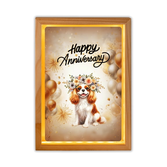 Happy Anniversary Cavalier King Charles Spaniel Celebrates Wedding Love Party Acrylic Plaque with Wood Photo Frame Box Dog Lover Gifts Light Box - 01015
