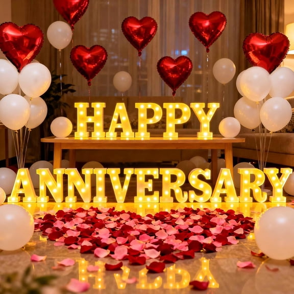 Happy Anniversary Decorations, Light up Letters Sign, with Rose Petals, Round Pearlescent Balloon, Aluminum Balloons, Light LED Neon, Table Decor for Valentine's Day Wedding Romantic Party