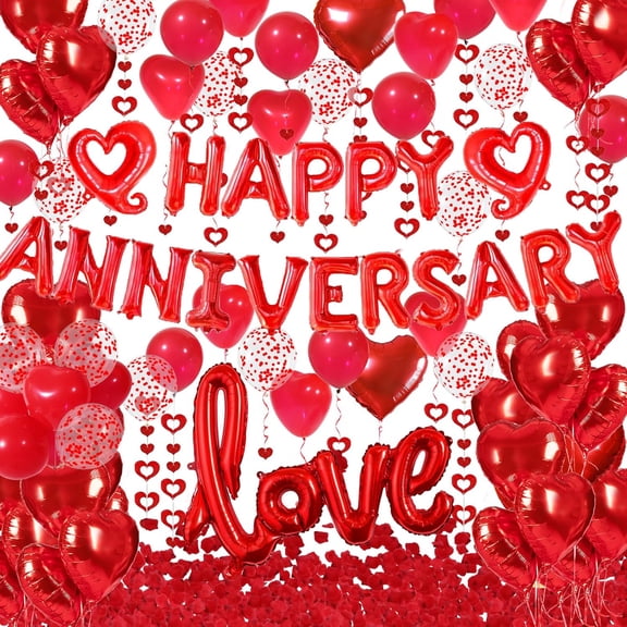 Happy Anniversary Decorations with Red Happy Anniversary Banner, Heart Balloons, Love Balloon, Silk Rose Petals and Heart Hanging Decor for Valentines Day, Wedding, Bridal Shower Decorations