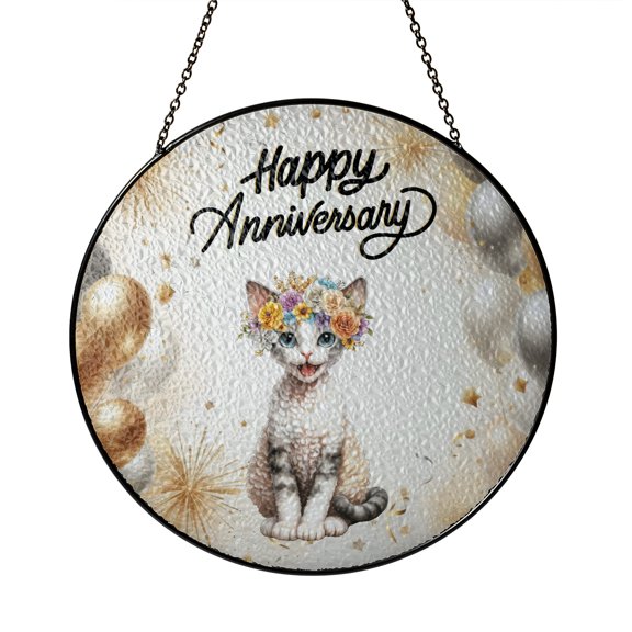 Happy Anniversary Devon Rex Celebrates Wedding Love Family Party Stained Glass Suncatcher Cat Lover Kitten Owner Gifts Window Hanging Sign Decor - 01015