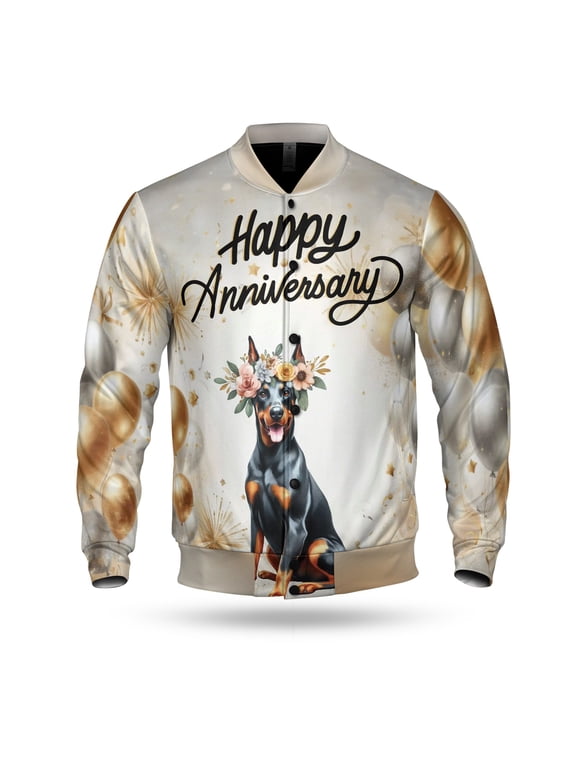 Happy Anniversary Doberman Pinscher Celebrates Wedding Love Family Party All Over Print 3D Baseball Jacket Doberman Dog Lover Gifts Bomber Jacket Softball - 01015