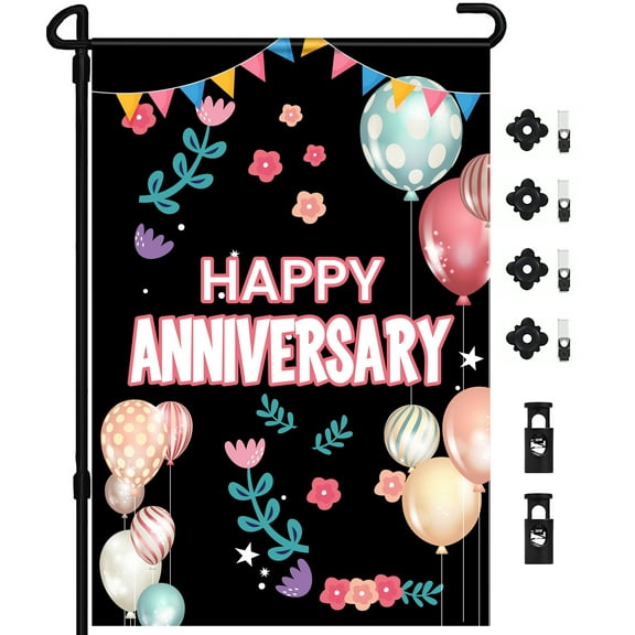 Happy Anniversary Garden Flag | Bonus Flag Pole, Wind Clip & Stopper Included, Premium Fabric, Double Sided Design Summer Outdoor Decor Yard Garden Flag - Assembled product Width 12.5" x  Length 18"