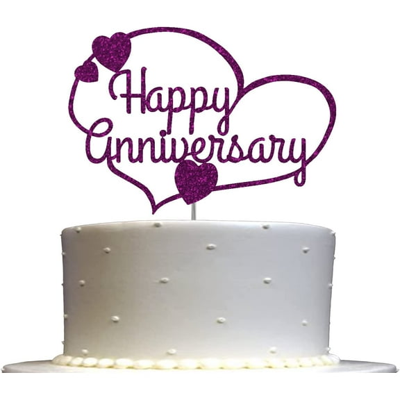 Happy Anniversary Glitter Cake Topper, Party Decorations, Sturdy Doubled Sided Glitter, Acrylic Stick (Purple)
