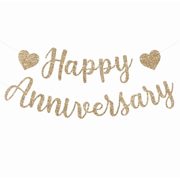 Happy Anniversary Gold Glitter Banner, Party Decoration with Heart Accents