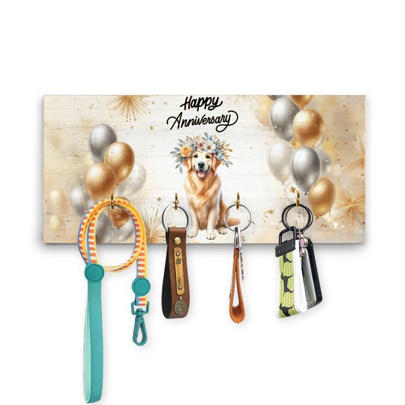 Happy Anniversary Golden Retriever Celebrates Wedding Love Family Party Wood Key Holder Goldens Dog Lover Gifts Idea Wall-mounted Key Rack Home Decor - 01015
