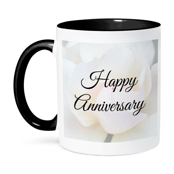 Happy Anniversary In Black Script Over A Photo Of A Faded Pastel Rose., 11oz Two-Tone Black Mug