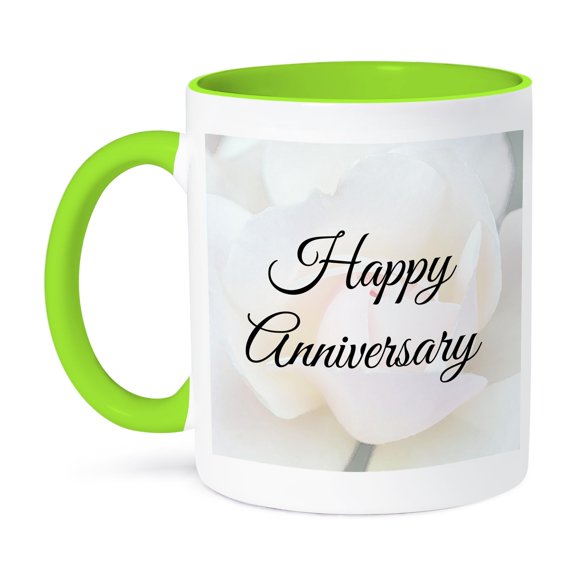 Happy Anniversary In Black Script Over A Photo Of A Faded Pastel Rose., 15oz Two-Tone Green Mug