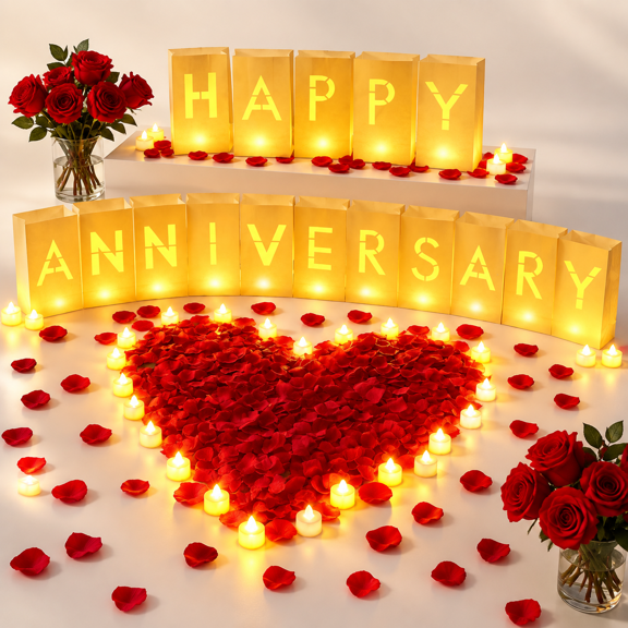 Happy Anniversary Light Up Letter Decoration Kit with 72 LED Candles and 6000 Rose Petals