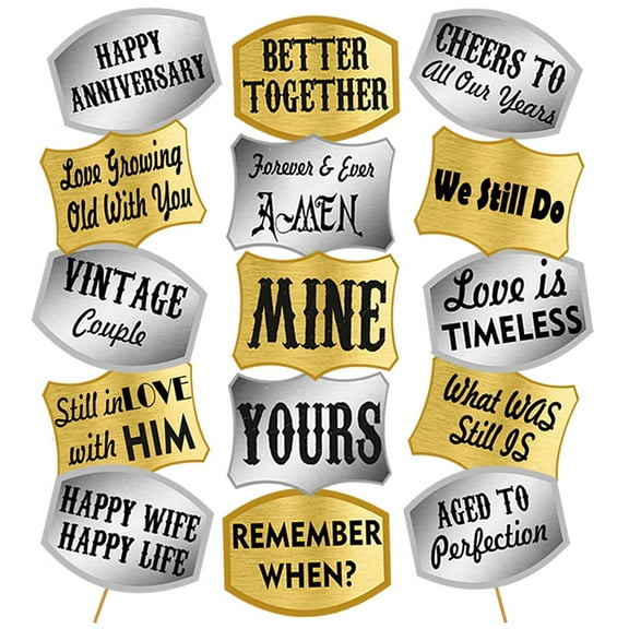 Happy Anniversary Photo Booth Props Set - 19Pcs With Golden & Silver Anniversary Party Props For Photo - Happy Anniversary Decoration Kit Items For Husband - Wife in 1st, 25th ,50th