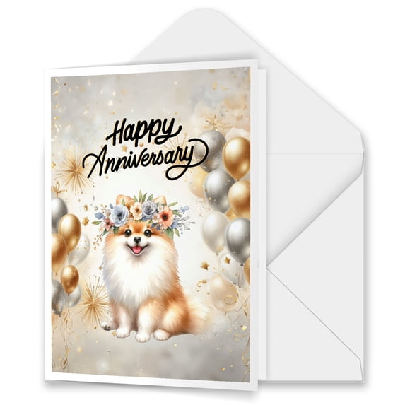 Happy Anniversary Pomeranian Celebrates Wedding Love Family Party 5x7in Folded Greeting Card Pom Dog Lover Gifts Single Note Card with Envelope - 01015