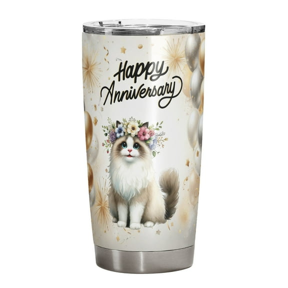 Happy Anniversary Ragdoll Celebrates Wedding Love Family Party 20oz Stainless Steel Tumbler Insulated Cup with Lid Cat Lover Kitten Owner Gifts Idea - 01015