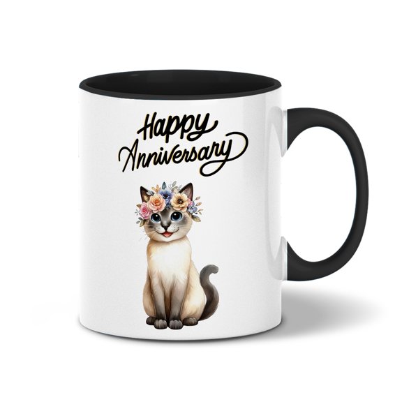 Happy Anniversary Siamese Celebrates Wedding Love Family Party 11oz Accent Two-tone Mug Cat Lover Kitten Owner Gifts Coffee Tea Cup - 01015