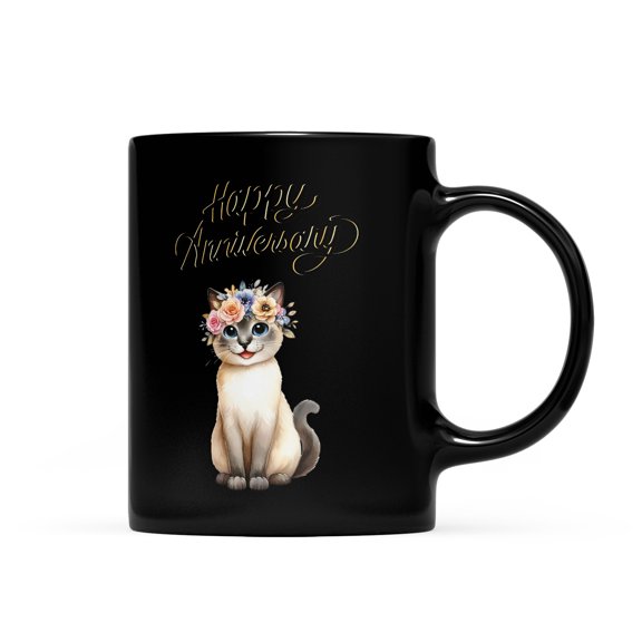 Happy Anniversary Siamese Celebrates Wedding Love Family Party Mug Cat Lover Kitten Owner Gifts Coffee Tea Cup - 01015
