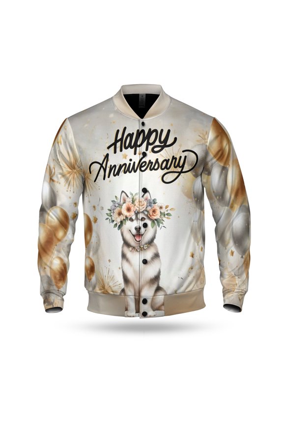 Happy Anniversary Siberian Husky Celebrates Wedding Love Family Party All Over Print 3D Baseball Jacket Husky Dog Lover Gifts Bomber Jacket Softball - 01015