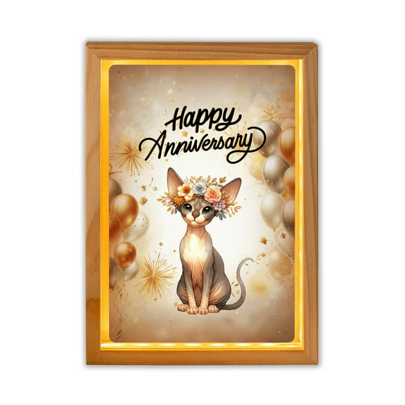 Happy Anniversary Sphynx Celebrates Wedding Love Family Party Acrylic Plaque with Wood Photo Frame Box Cat Lover Kitten Owner Gifts Idea Light Box - 01015