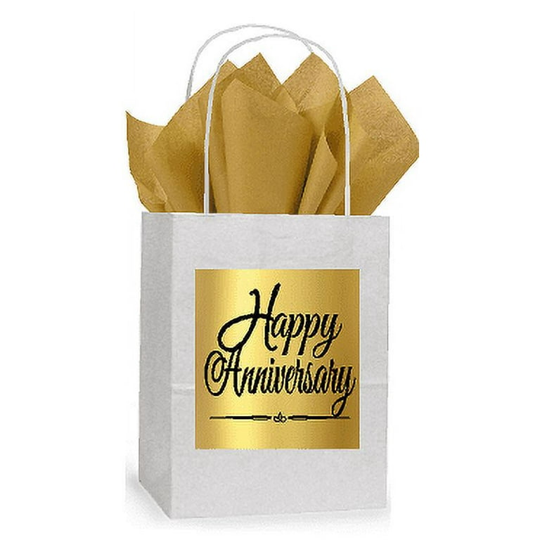 Happy Anniversary White and Gold Themed Small Party Favor Gift Bags  Stickers Tags -12pack