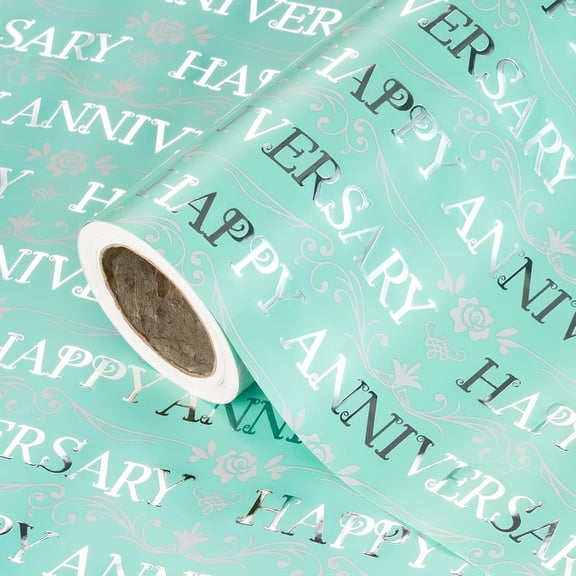 Happy Anniversary Wrapping Paper Roll - Mini Roll - 17 Inch x 16.5 Feet - Mint and Silver Foil Happy Anniversary Lettering Design Perfect for Celebration, Party