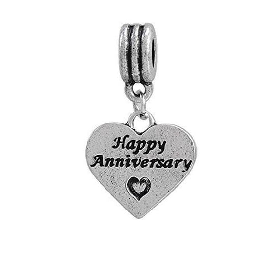 Happy Anniversary on Heart Dangle European Bead Compatible for Most European Snake Chain Charm Bracelet