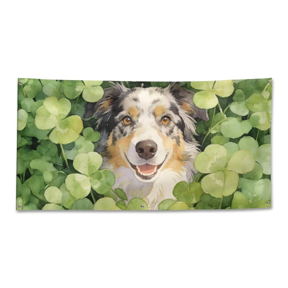 Happy Australian Shepherd Welcome St Patrick's Day Lucky Shamrocks Clover Fence Flag 96x48in Waterproof Aussie Dog Lover Gifts Outdoor Decor - 22001