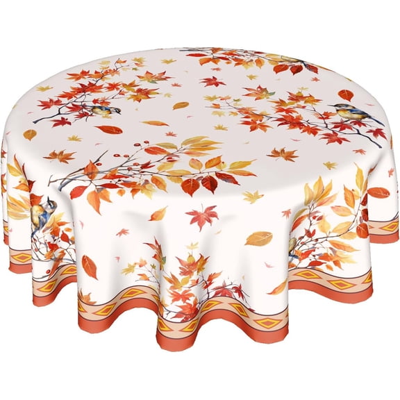 Happy Autumn Tablecloth - Round 60 Inch Harvest Table Cloths Polyester Fabric Thanksgiving Fall Leaf Seasonal Table Cover for Kitchen Dining Room Picnic Party Autumn/Fall Outdoor