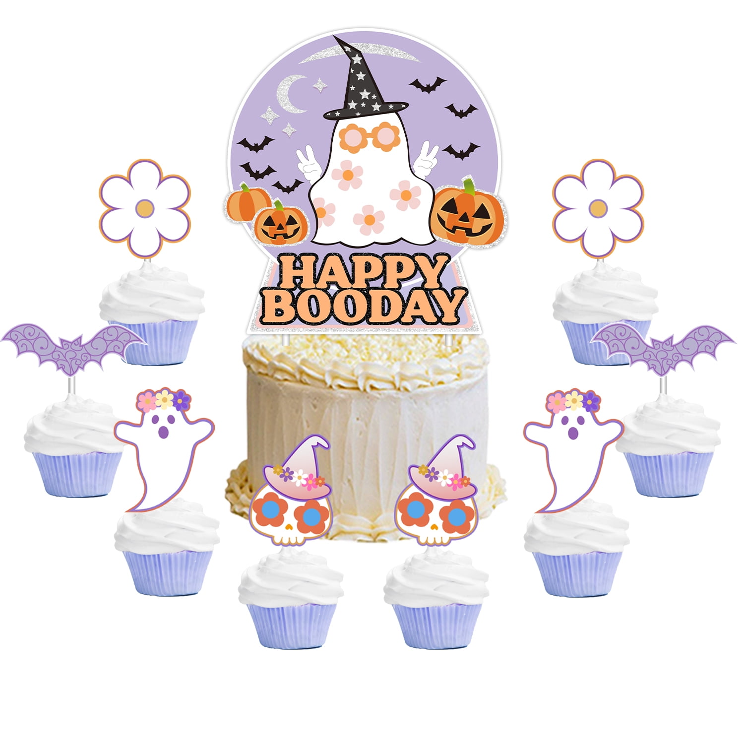 24-Pack Halloween Ghost Cupcake Toppers - Double Sided Glitter In White & Pink For Ghost Boo Theme Parties