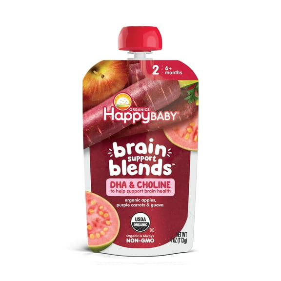 Happy Baby Organics Brain Support Blends Apples, Purple Carrots & Guava with DHA and Choline 4oz Pouch (Pack of 8)