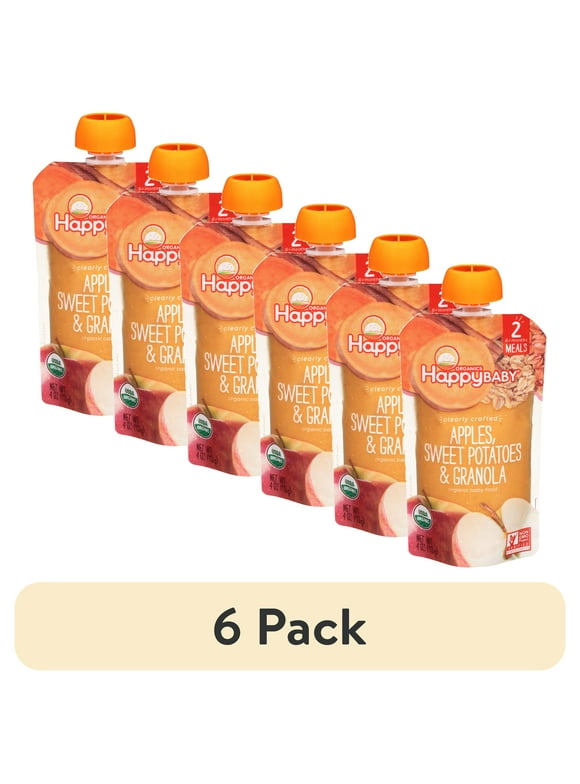 (6 pack) Happy Baby Organics Clearly Crafted, Stage 2 Meals, Apples Sweet Potato & Granola, Organic Baby Food, 4 oz Pouch