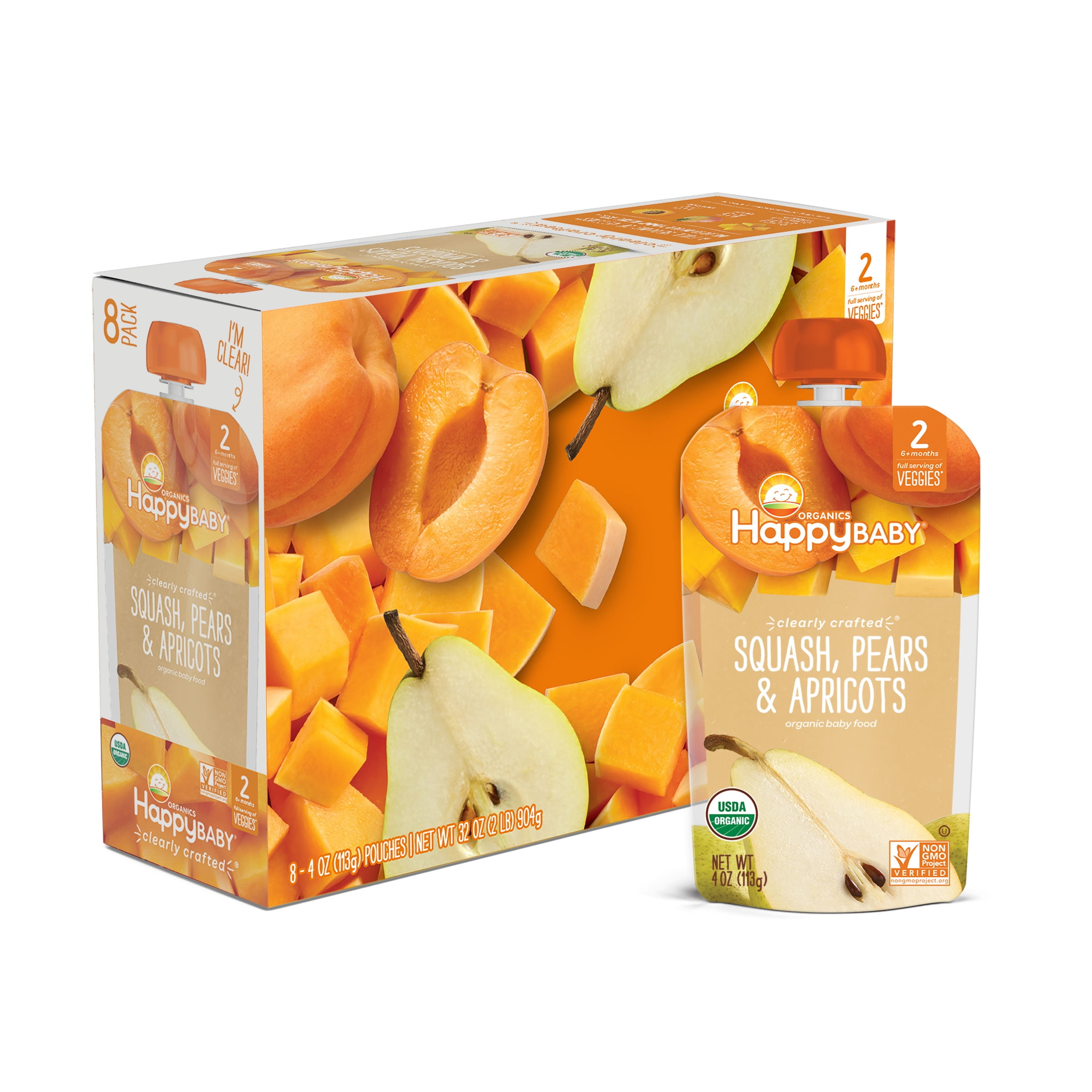 Happy Baby Organic Clearly Crafted Stage 2 Baby Food, Squash Pears & Apricots, 4 oz Pouch, 8 Count