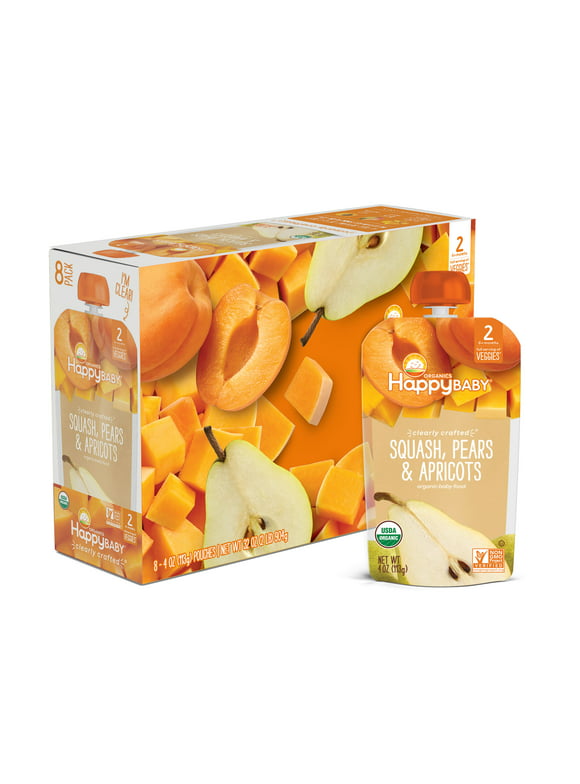Happy Baby Organic Clearly Crafted Stage 2 Baby Food, Squash Pears & Apricots, 4 oz Pouch, 8 Count