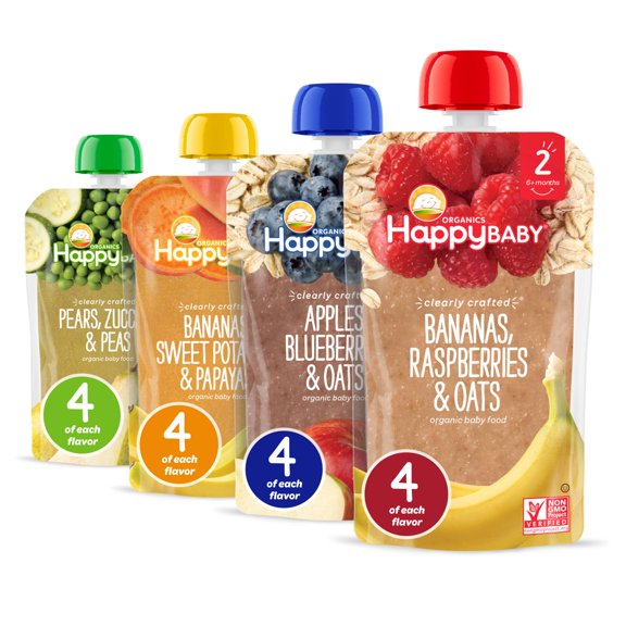 Happy Baby Organics Clearly Crafted, Stage 2, Four-Flavor Oats, Fruits, and Veggie Variety Pack, Organic Baby Food, Pouches 4oz (16 pack)