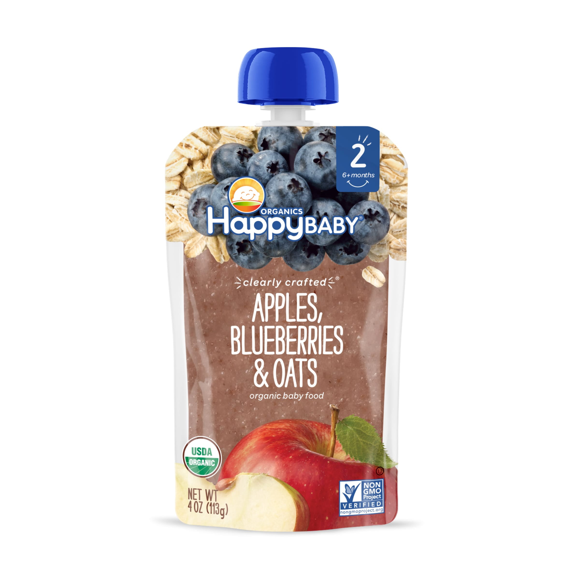 Happy Baby Organics Clearly Crafted, Stage 2 Apples, Blueberries & Oats Organic Baby Food, 4oz Pouch