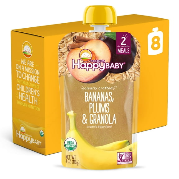 (8 Pouches) Happy Baby Organics Bananas, Plums & Granola Organic Baby Food, 4 oz.