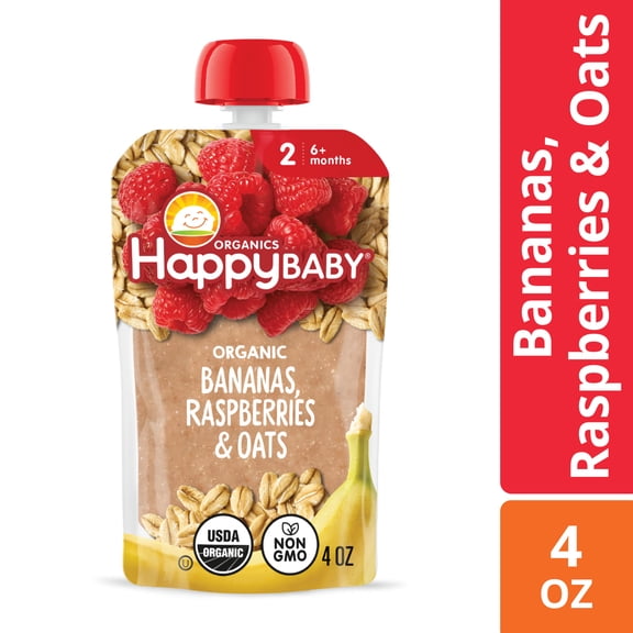 Happy Baby Clearly Crafted, Stage 2 Baby Food, Bananas Raspberries & Oats, 4 oz Pouch