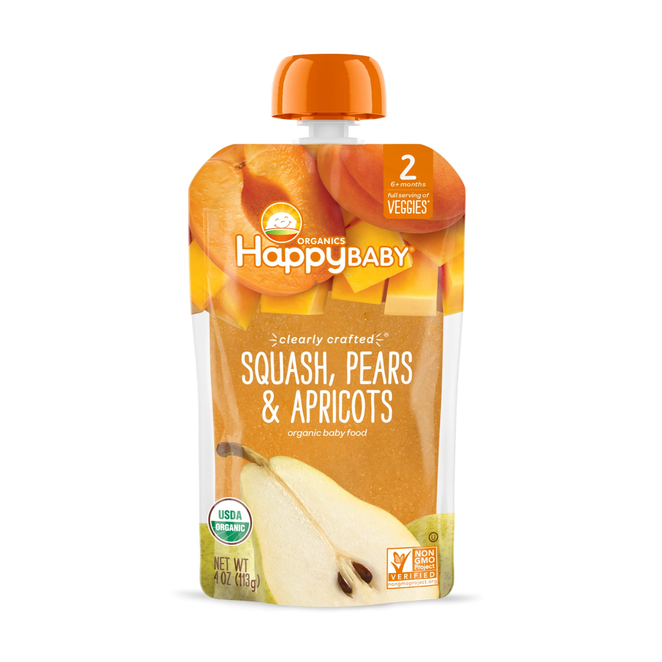 (8 Pouches) Happy Baby Clearly Crafted, Stage 2, Organic Baby Food, Squash, Pears & Apricots, 4oz