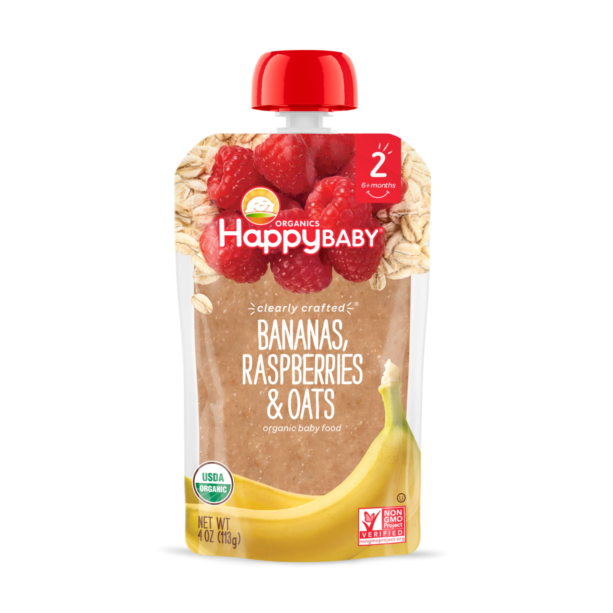 Happy Baby Organics Clearly Crafted, Stage 2 Bananas Raspberries & Oats Organic Baby Food, 4oz Pouch