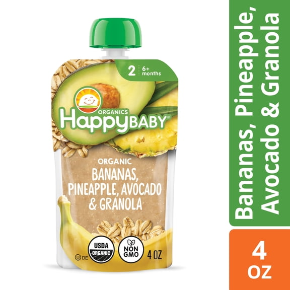 Happy Baby Clearly Crafted, Stage 2 Organic Baby Food, Banana Pineapple & Granola, 4 oz. Pouch