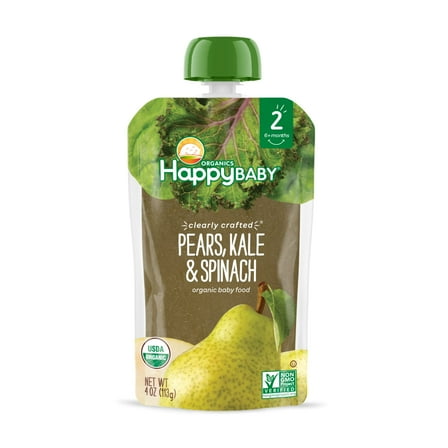 Happy Baby Organics Clearly Crafted, Stage 2 Pears Kale & Spinach Organic Baby Food, 4oz Pouch