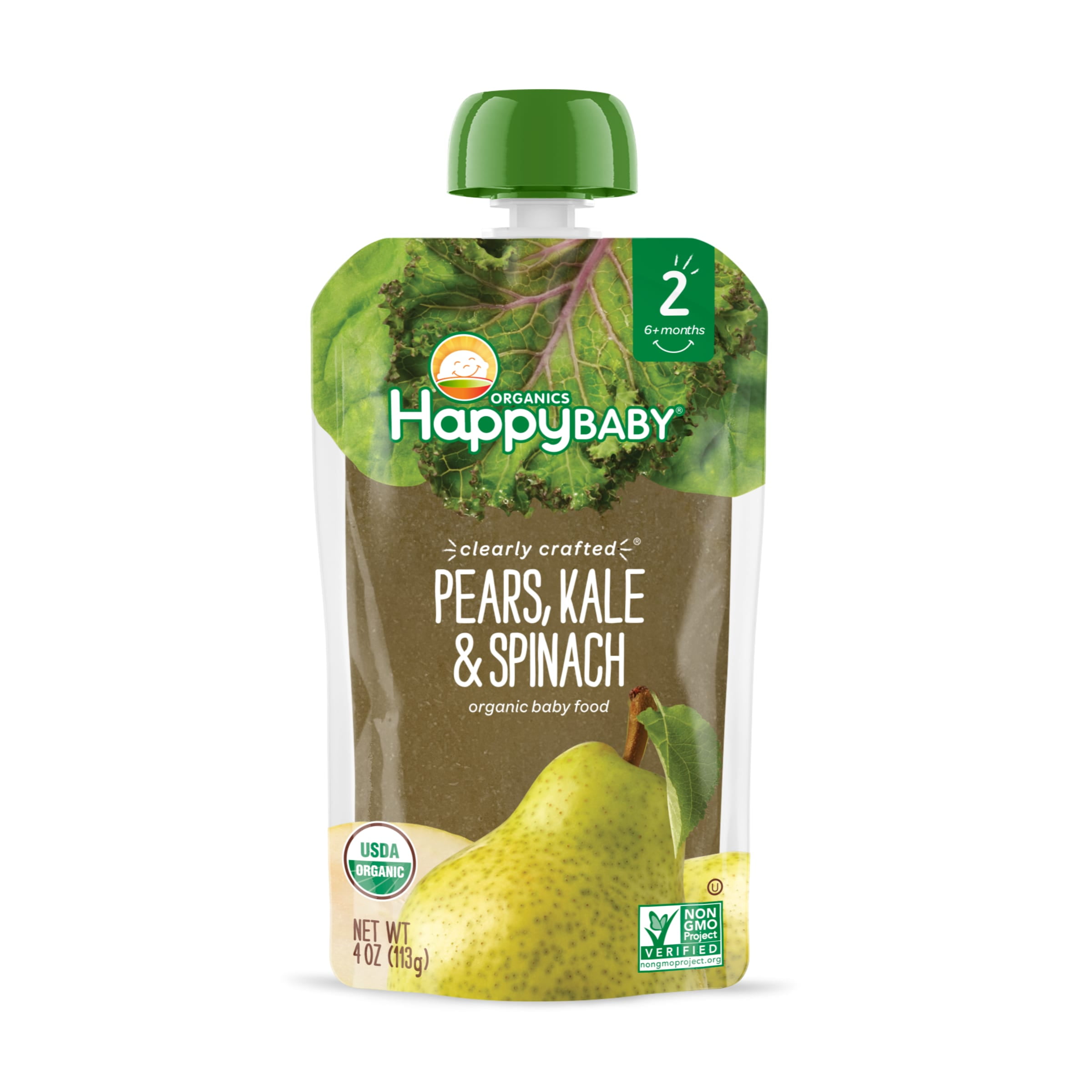 Happy Baby Organics Clearly Crafted, Stage 2 Pears Kale & Spinach Organic Baby Food, 4oz Pouch