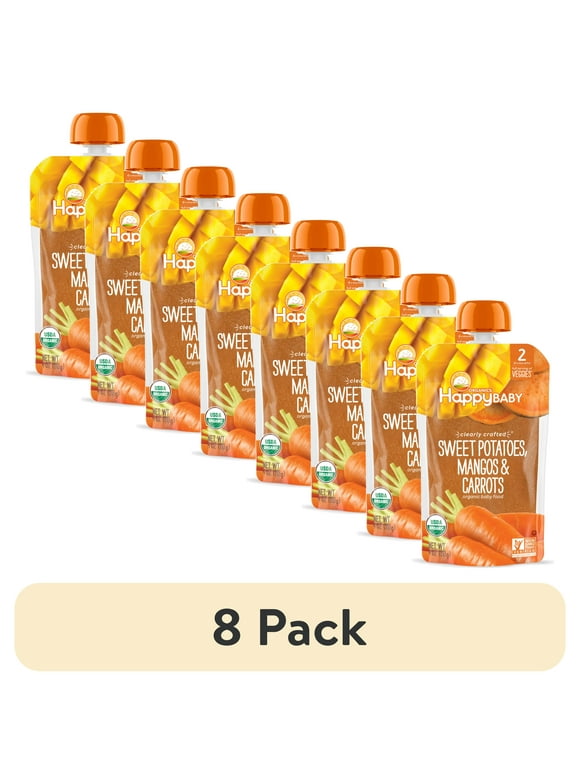 (8 pack) Happy Baby Organics Clearly Crafted, Stage 2, Sweet Potatoes Mangos & Carrots Organic Baby Food, 4 oz Pouch