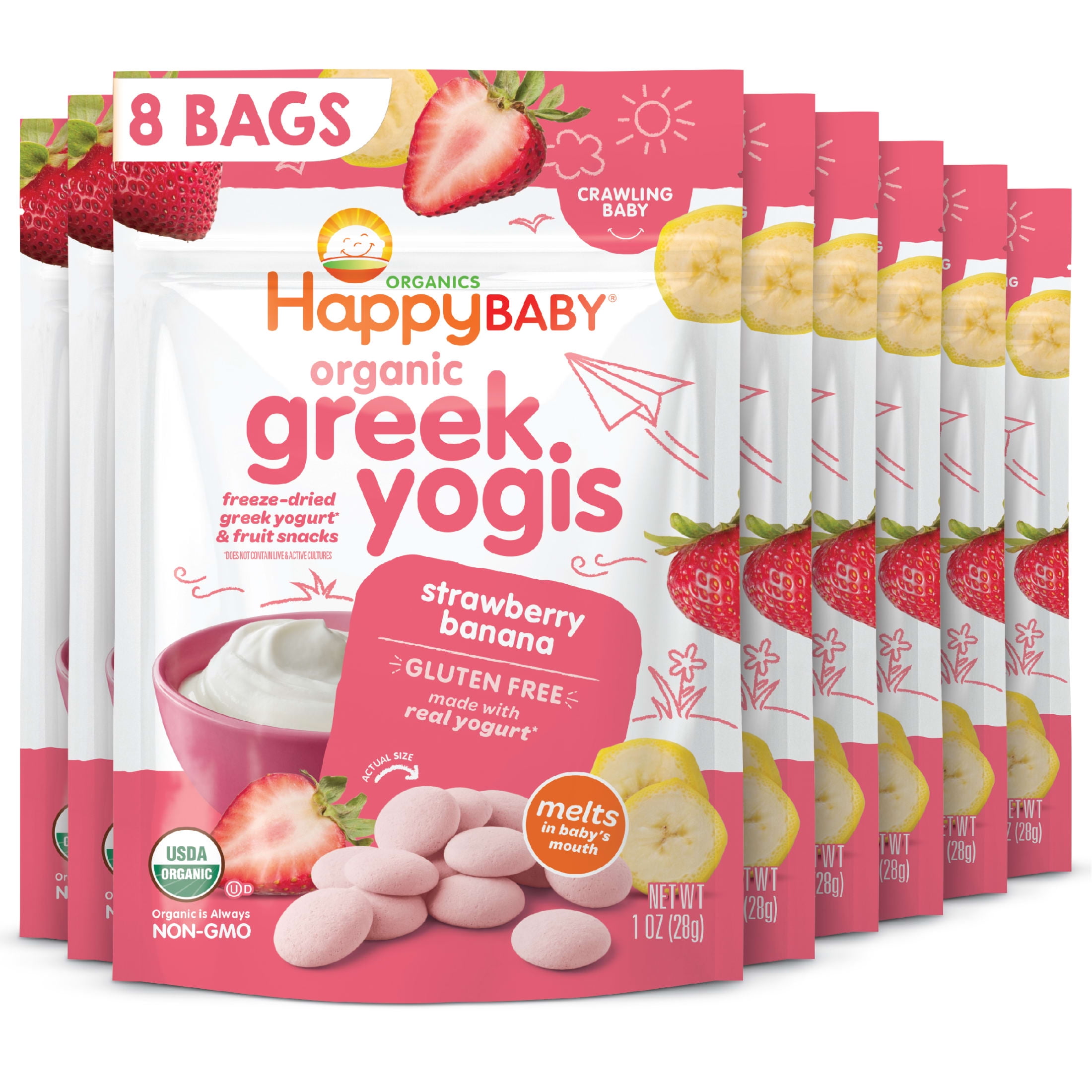 HAPPY FAMILY Happy Baby Organics Greek Yogis, Strawberry Banana & Greek Yogurt Organic Freeze-Dried Baby Snack, 1 oz Bag