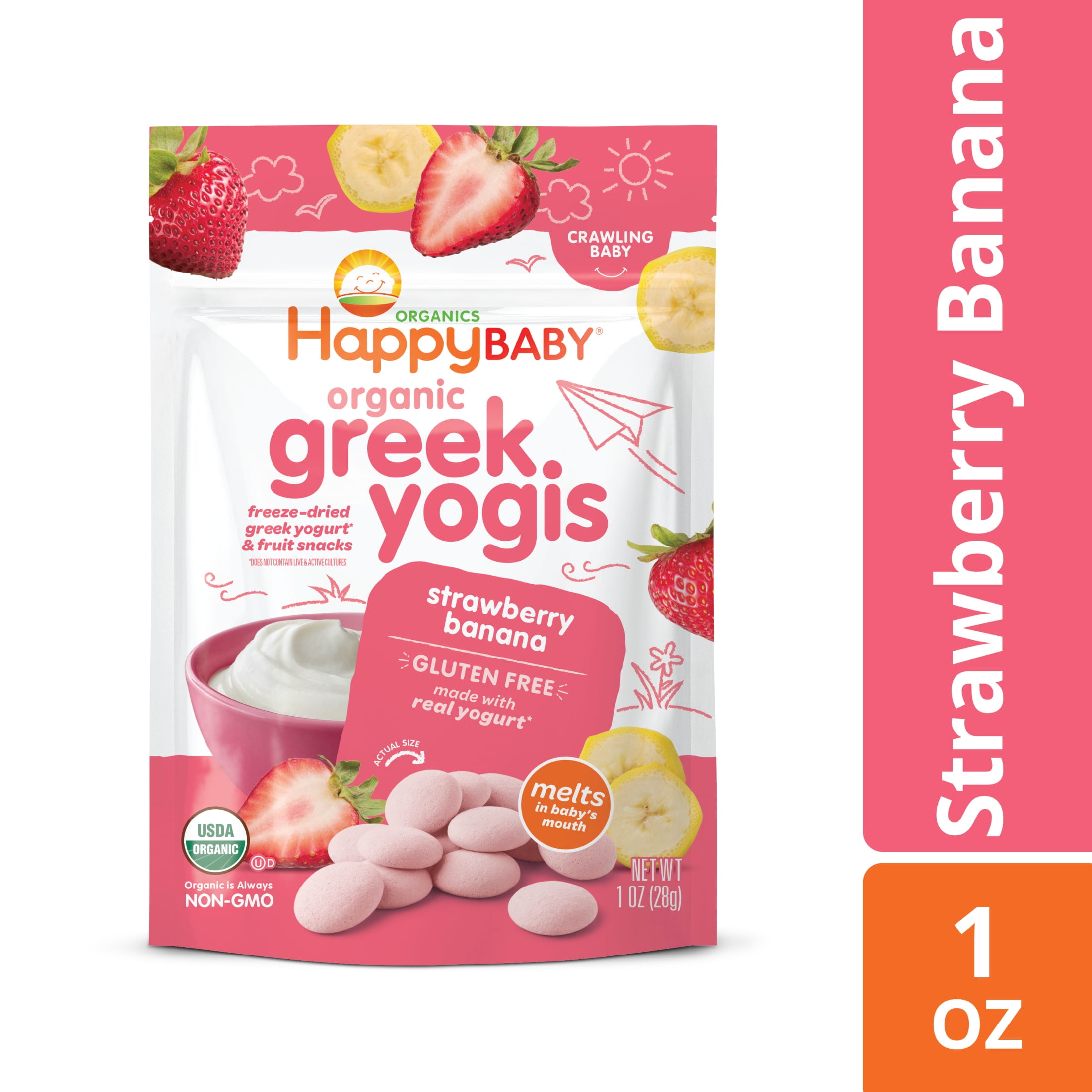 Happy Baby Organics Greek Yogis, Strawberry Banana & Greek Yogurt Organic Freeze-Dried Baby Snack, 1 oz Bag (Pack of 8)